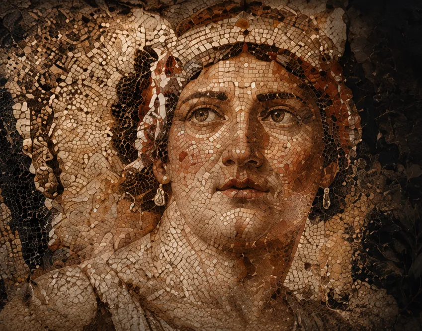 AI-generated illustration of a Roman-style mosaic face