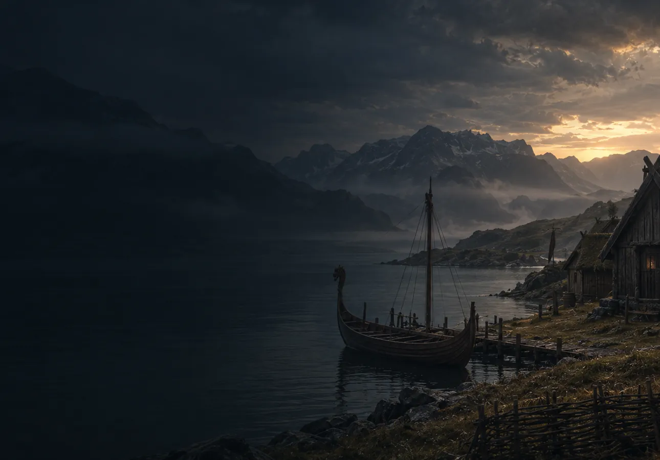 AI-generated illustration of a Viking settlement on a fjord at dusk