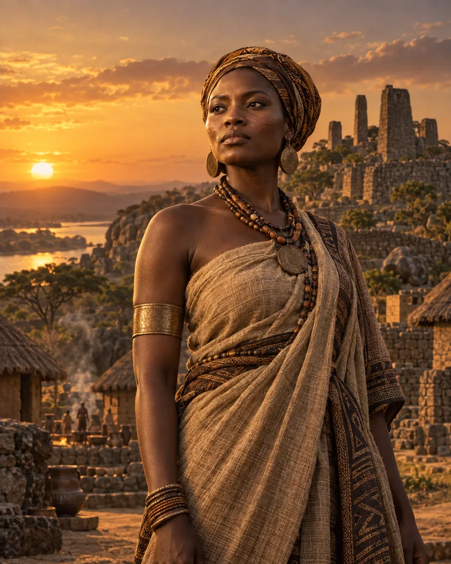 AI-generated editorial illustration evoking historical cultures of Sub-Saharan Africa