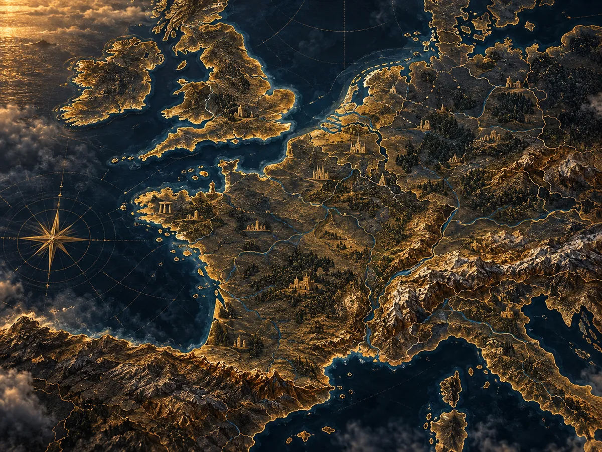 AI-generated illustrated map of Western Europe